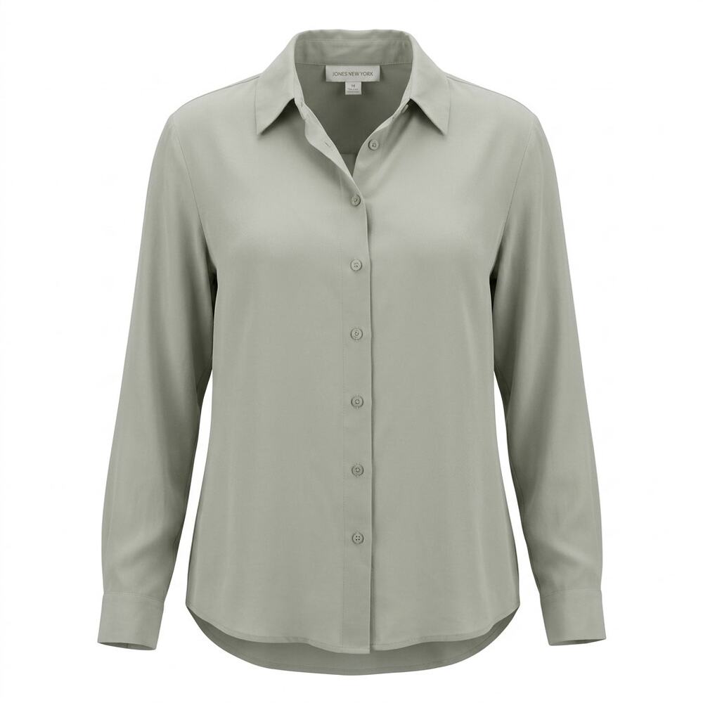 Jones New York 100% Silk Green Lightweight Button-Up Shirt Women Size 14